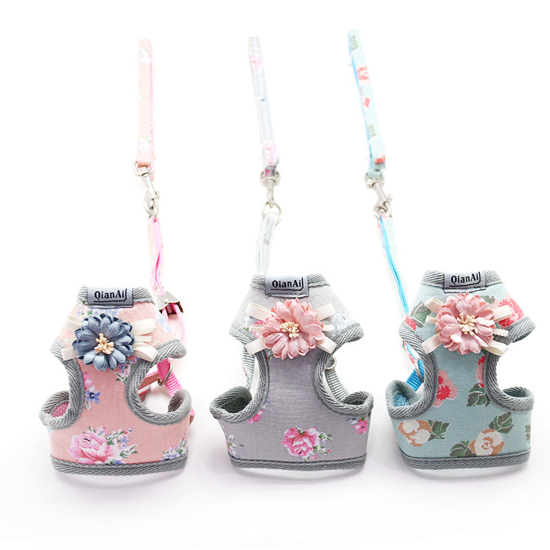 HKM-7191997 Summer Floral Dog Leash with Chest Harness in Pink, Sky Blue, and Gray