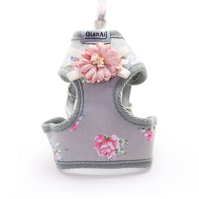 HKM-7191997 Summer Floral Dog Leash with Chest Harness in Pink, Sky Blue, and Gray