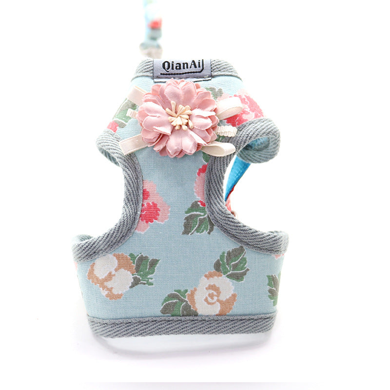 HKM-7191997 Summer Floral Dog Leash with Chest Harness in Pink, Sky Blue, and Gray