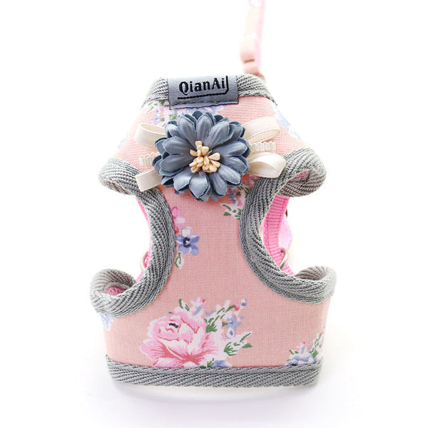 HKM-7191997 Summer Floral Dog Leash with Chest Harness in Pink, Sky Blue, and Gray