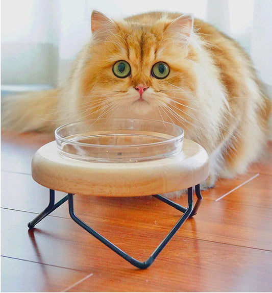 HKM-7192893 Solid Wood Cat Bowl Rack - Natural Wood Pet Feeding Stand (19*19*10cm)