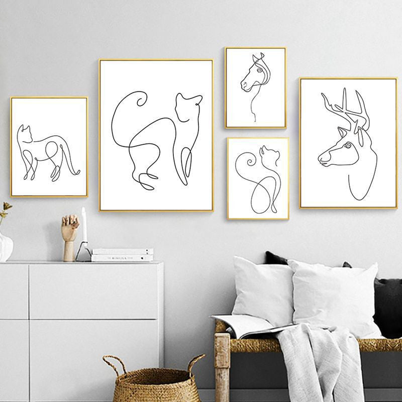 HKM-719379 Abstract Animal Line Art Canvas Mural for Living Room – Decorative Single Piece Artwork