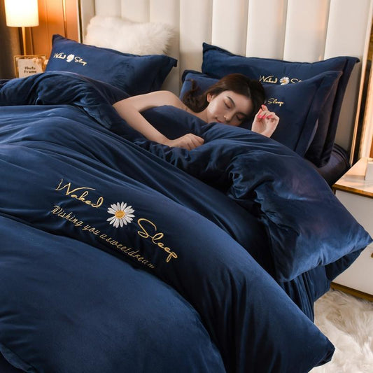 HKM-719379 Embroidered Crystal Velvet 4-Piece Bedding Set - Soft and Comfortable Design