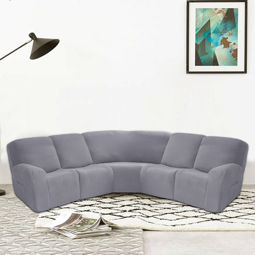 HKM-719443 5-Piece Solid Color Polyester Sofa Cover Set for 5-Seat Chaise Longue and Single Recliner