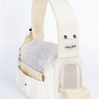 HKM-7194941 Spacious Genuine Leather Cat Backpack for All Seasons in Milky White and Black