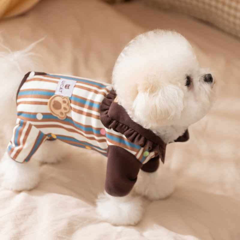 HKM-7197245 Adorable Striped Pet Onesie with Bear Patch and Ruffled Collar for Small Dogs