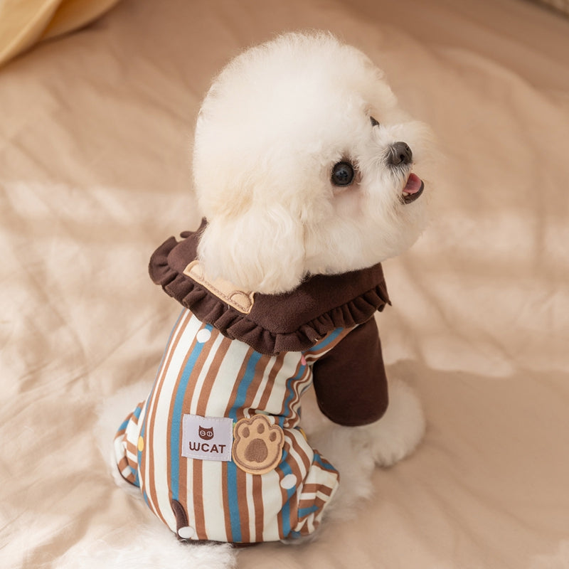 HKM-7197245 Adorable Striped Pet Onesie with Bear Patch and Ruffled Collar for Small Dogs