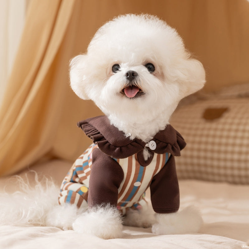HKM-7197245 Adorable Striped Pet Onesie with Bear Patch and Ruffled Collar for Small Dogs