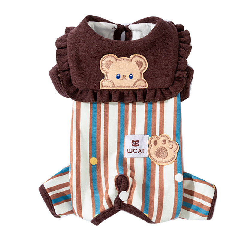 HKM-7197245 Adorable Striped Pet Onesie with Bear Patch and Ruffled Collar for Small Dogs