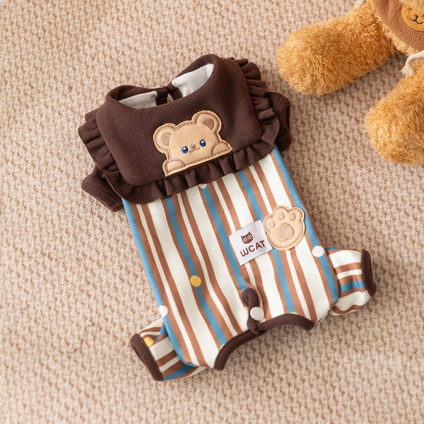 HKM-7197245 Adorable Striped Pet Onesie with Bear Patch and Ruffled Collar for Small Dogs