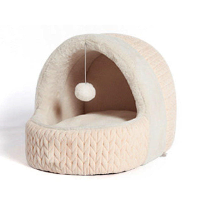 HKM-7198525 Universal Semi-enclosed Cat Bed and Kennel for Winter Comfort in Pink and Gray