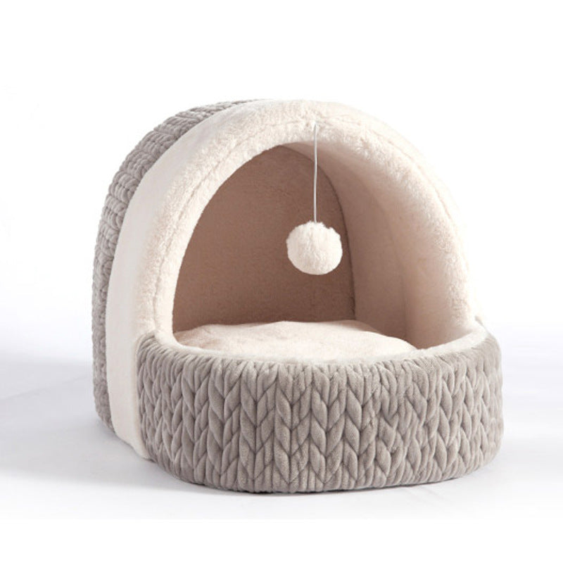 HKM-7198525 Universal Semi-enclosed Cat Bed and Kennel for Winter Comfort in Pink and Gray