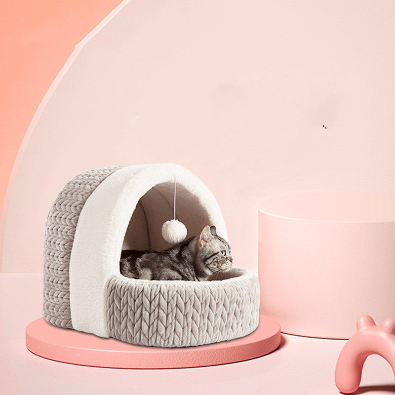 HKM-7198525 Universal Semi-enclosed Cat Bed and Kennel for Winter Comfort in Pink and Gray