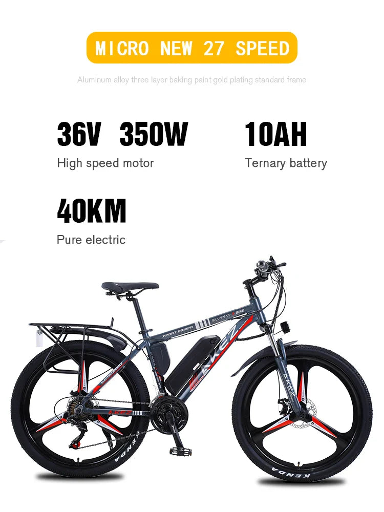 HKM-720019 Electric Mountain Bike with Two Seats, 26 Inch Aluminum Alloy Frame, 21-Speed, 350W/500W Motor, Disc Brakes, and Rear Carrier