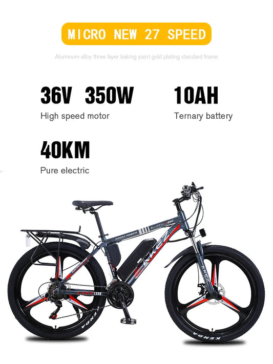 HKM-720019 Electric Mountain Bike with Two Seats, 26 Inch Aluminum Alloy Frame, 21-Speed, 350W/500W Motor, Disc Brakes, and Rear Carrier