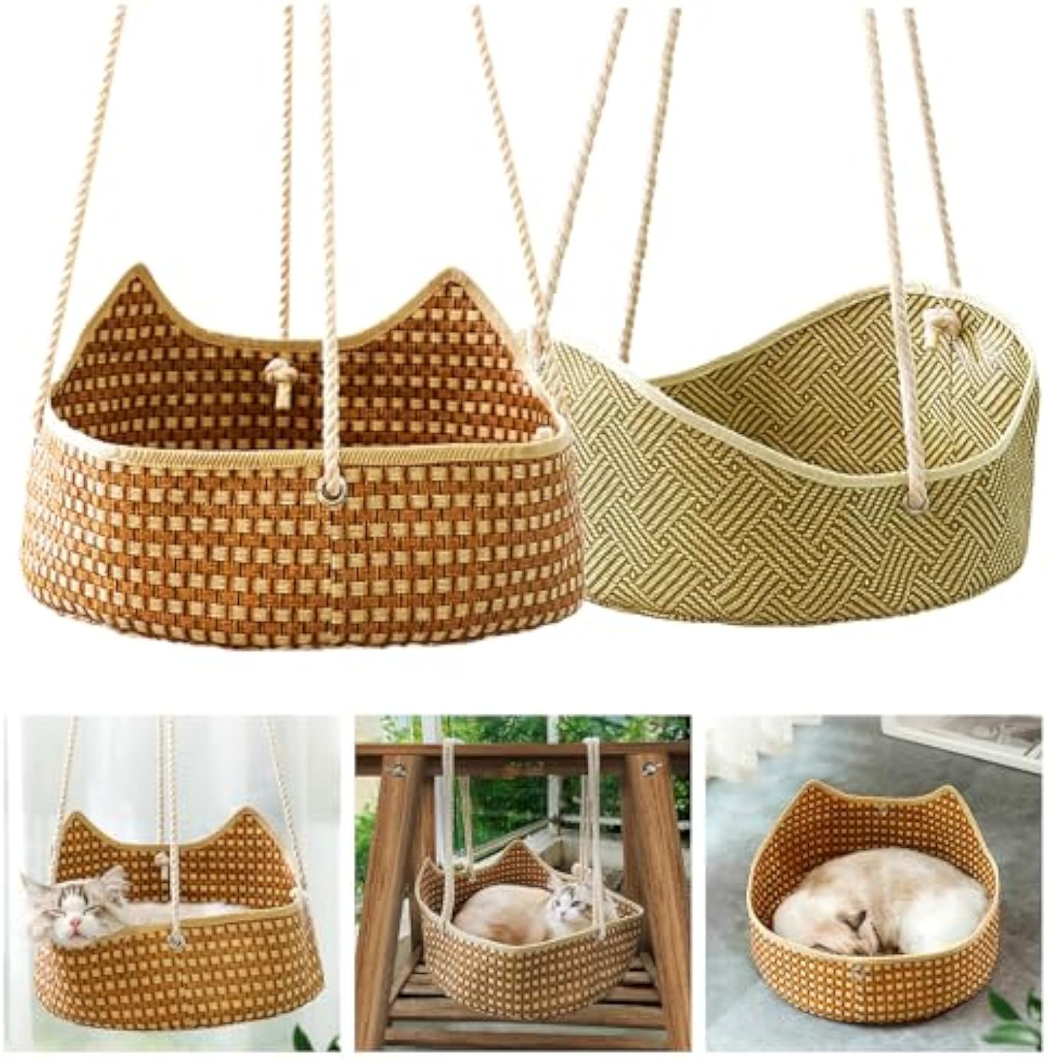 HKM-7201725 Breathable Rattan Cat Hammock with Metal Hooks - Comfortable Indoor/Outdoor Pet Bed for Small Animals