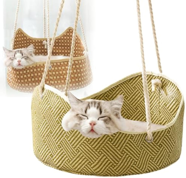 HKM-7201725 Breathable Rattan Cat Hammock with Metal Hooks - Comfortable Indoor/Outdoor Pet Bed for Small Animals