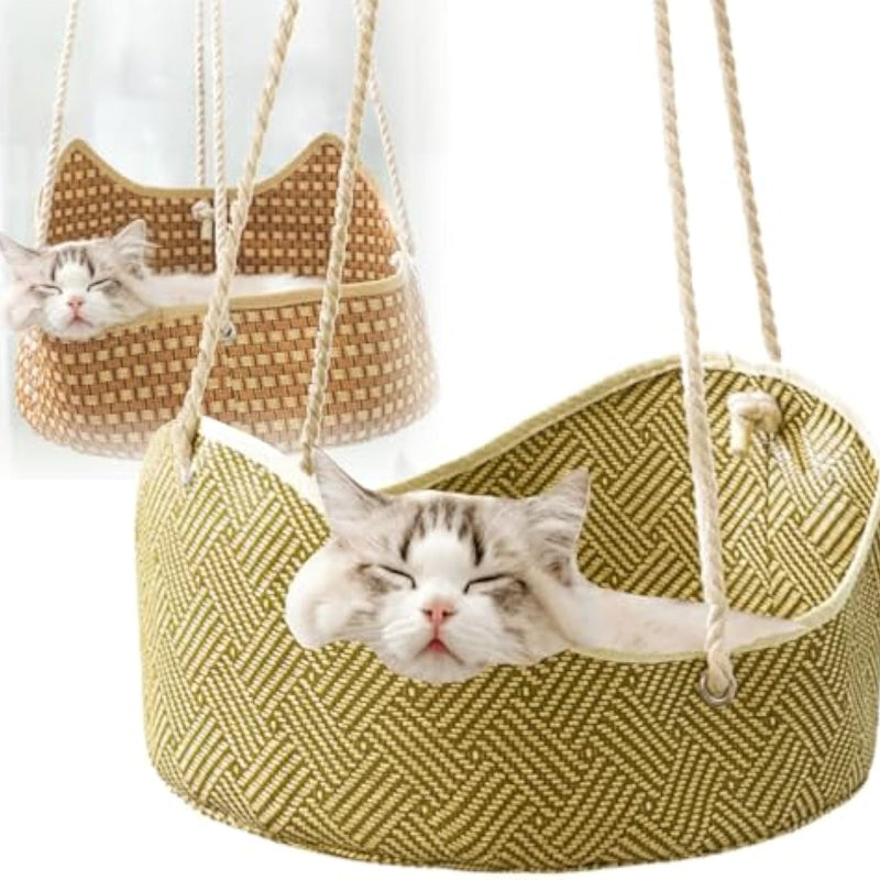 HKM-7201725 Breathable Rattan Cat Hammock with Metal Hooks - Comfortable Indoor/Outdoor Pet Bed for Small Animals