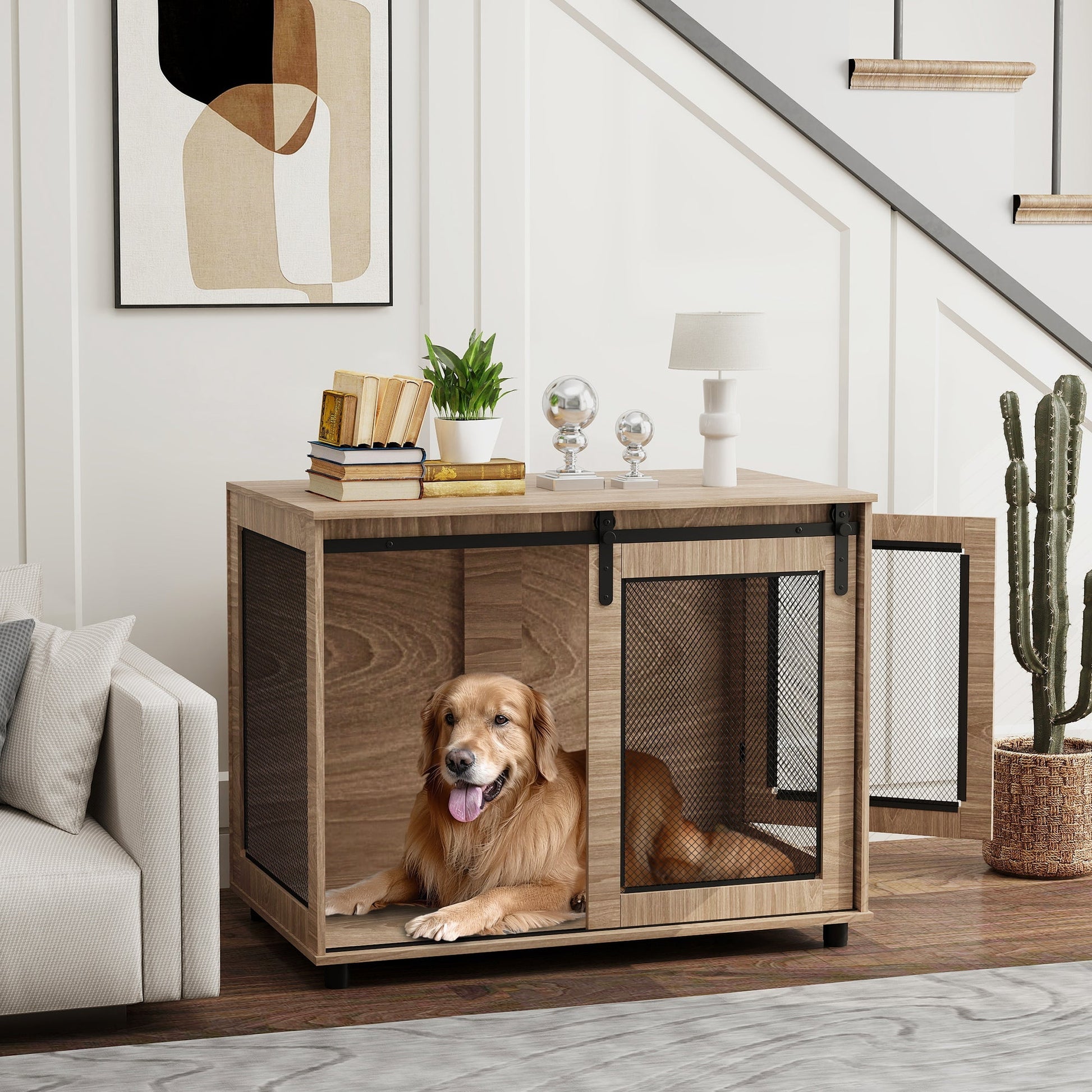 HKM-7202109 Elegant 39" Dog Crate Furniture with Flip-Top, Dual Doors, and Ventilation for Large Dogs