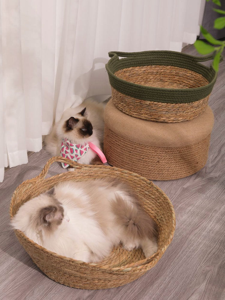HKM-7202493 Woven Cat Litter Nest with Optional Cooling Pad and Japanese Sleeping Mat - 50x37x8cm