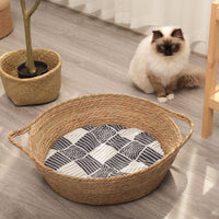 HKM-7202493 Woven Cat Litter Nest with Optional Cooling Pad and Japanese Sleeping Mat - 50x37x8cm