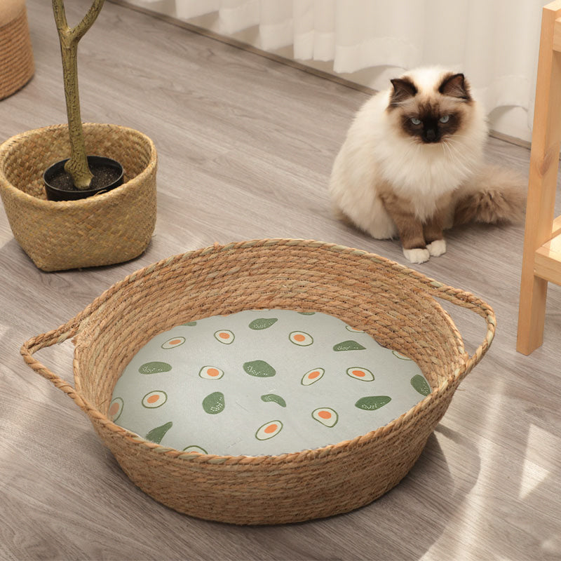 HKM-7202493 Woven Cat Litter Nest with Optional Cooling Pad and Japanese Sleeping Mat - 50x37x8cm