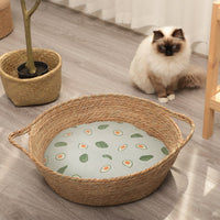 HKM-7202493 Woven Cat Litter Nest with Optional Cooling Pad and Japanese Sleeping Mat - 50x37x8cm