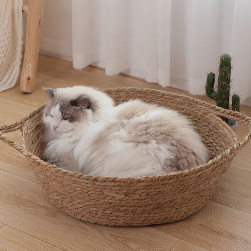 HKM-7202493 Woven Cat Litter Nest with Optional Cooling Pad and Japanese Sleeping Mat - 50x37x8cm