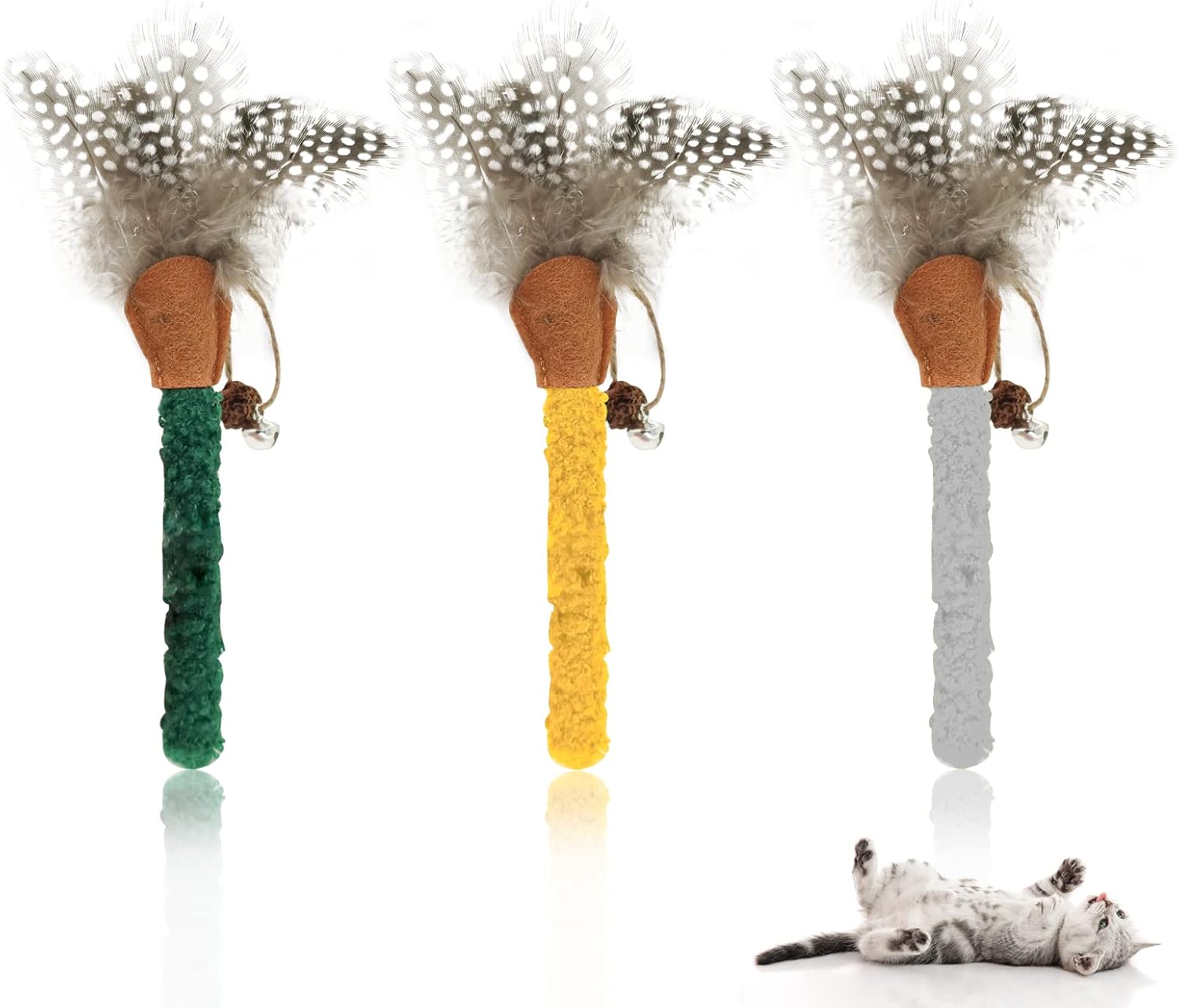 HKM-7205693 Natural Cat Chew Sticks with Feather for Teeth Cleaning and Stress Relief, 3-Color Set
