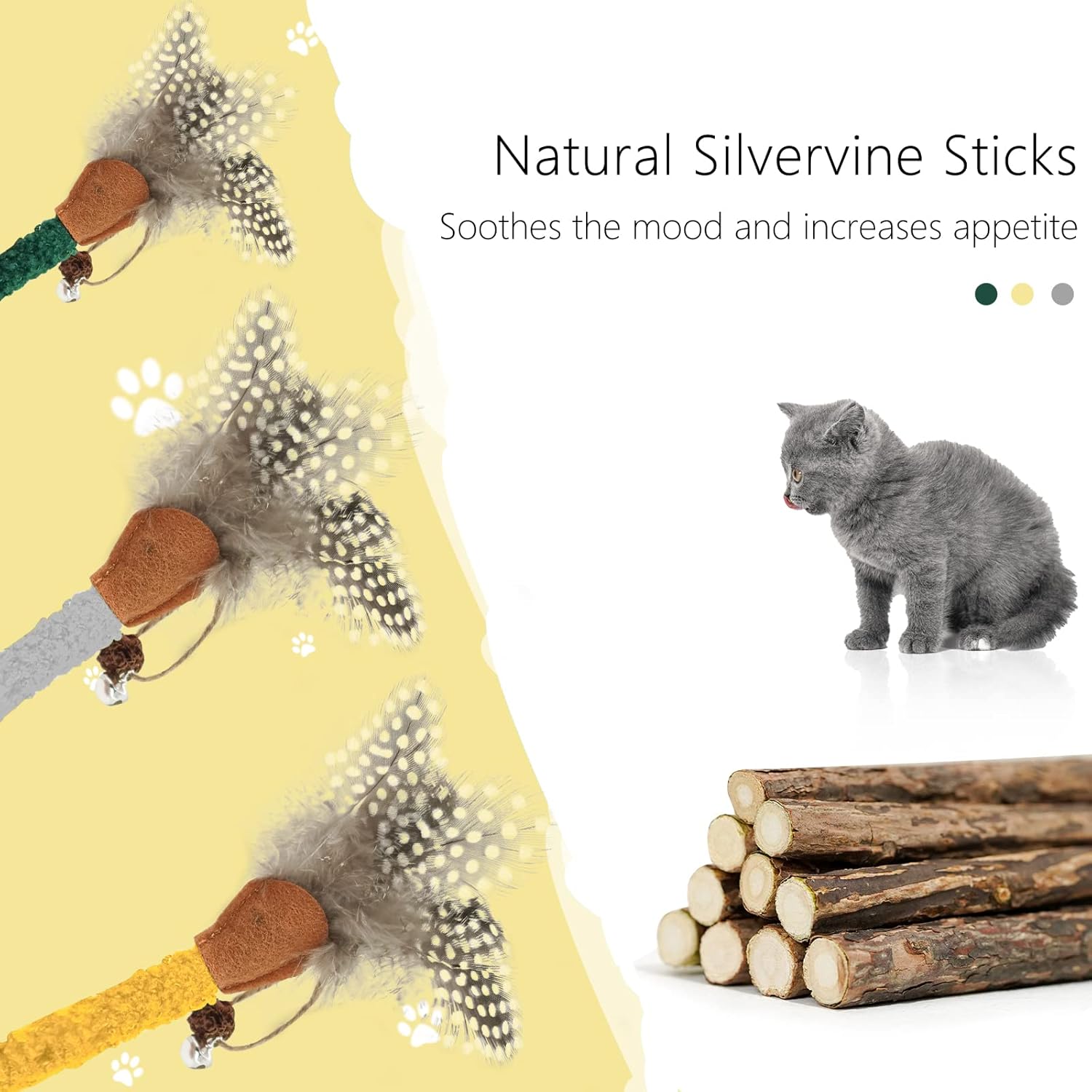 HKM-7205693 Natural Cat Chew Sticks with Feather for Teeth Cleaning and Stress Relief, 3-Color Set