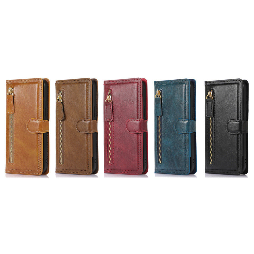 HKM-720787 Minimalist Leather Phone Case with Bracket and Card Holder for iPhone