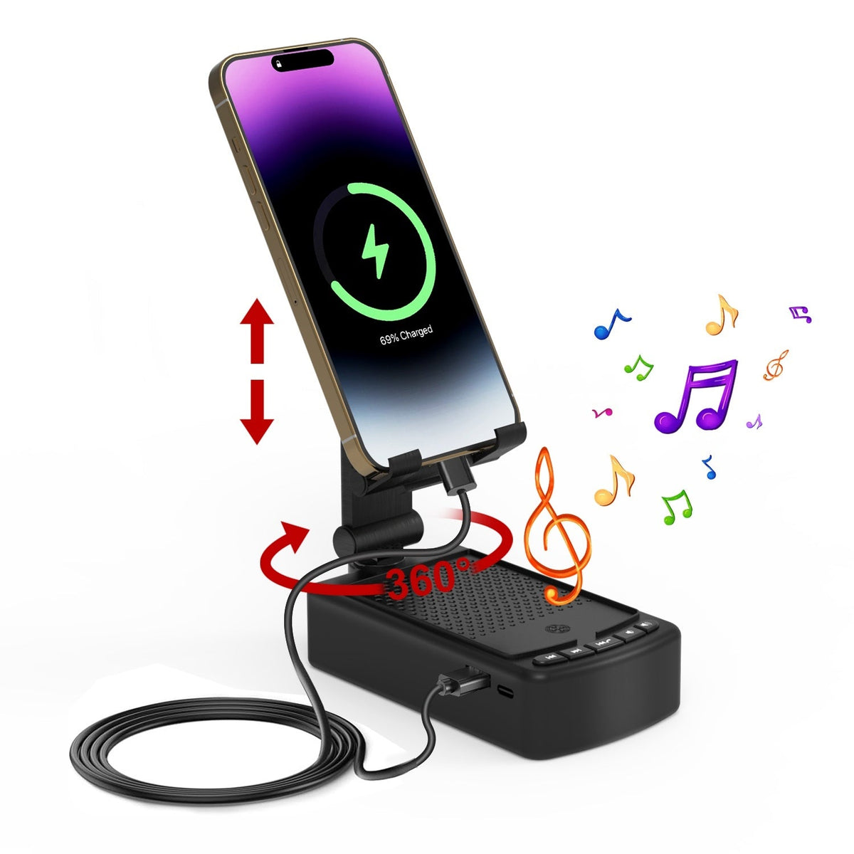 HKM-721043 3-in-1 Portable Cell Phone Stand with Wireless Speaker and Power Bank, Adjustable Height, Anti-Slip Base, Compatible with Phones and Tablets