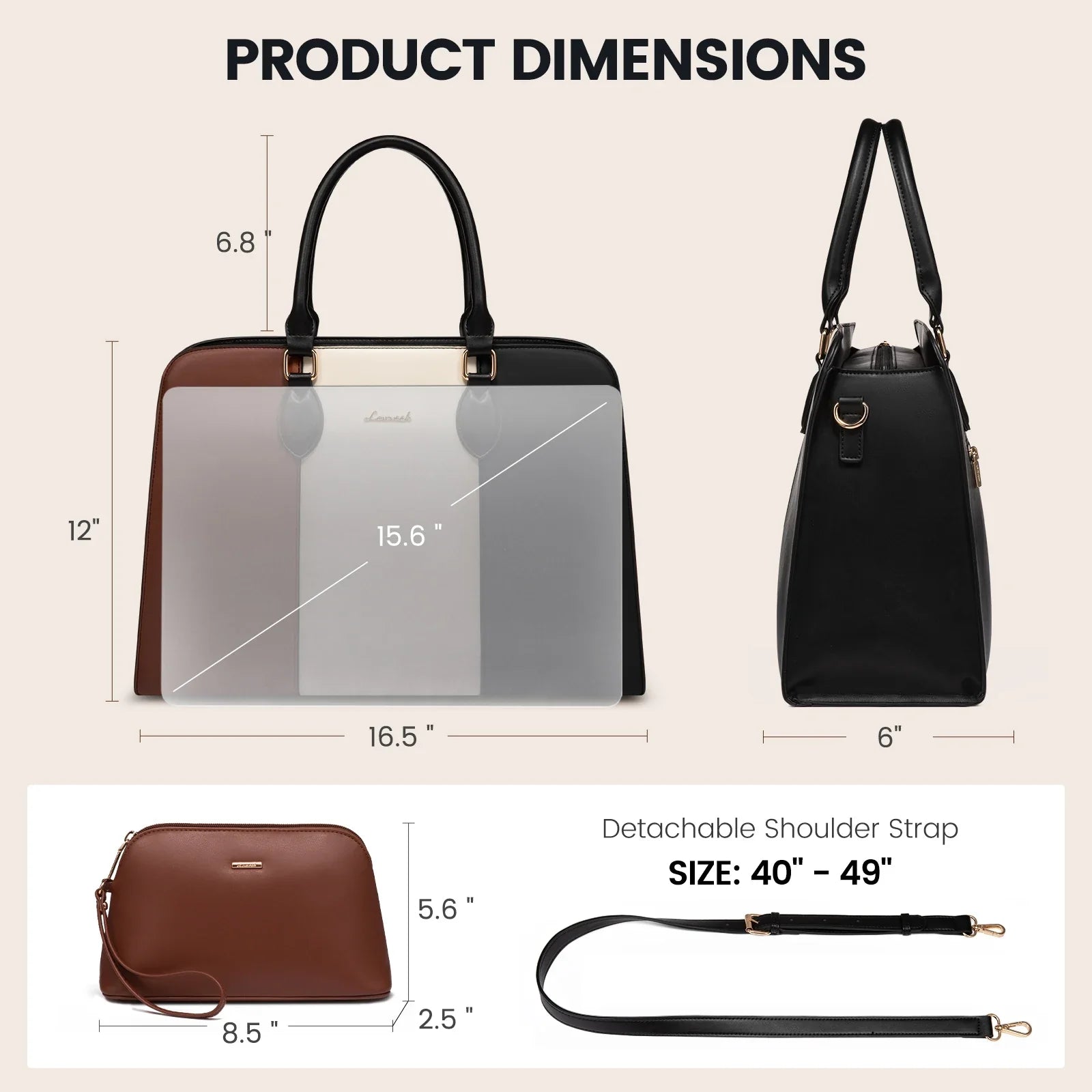 HKM-721235 Elegant Waterproof Laptop Tote Bag for Women, 15.6 Inch Leather Work Briefcase with Spacious Storage