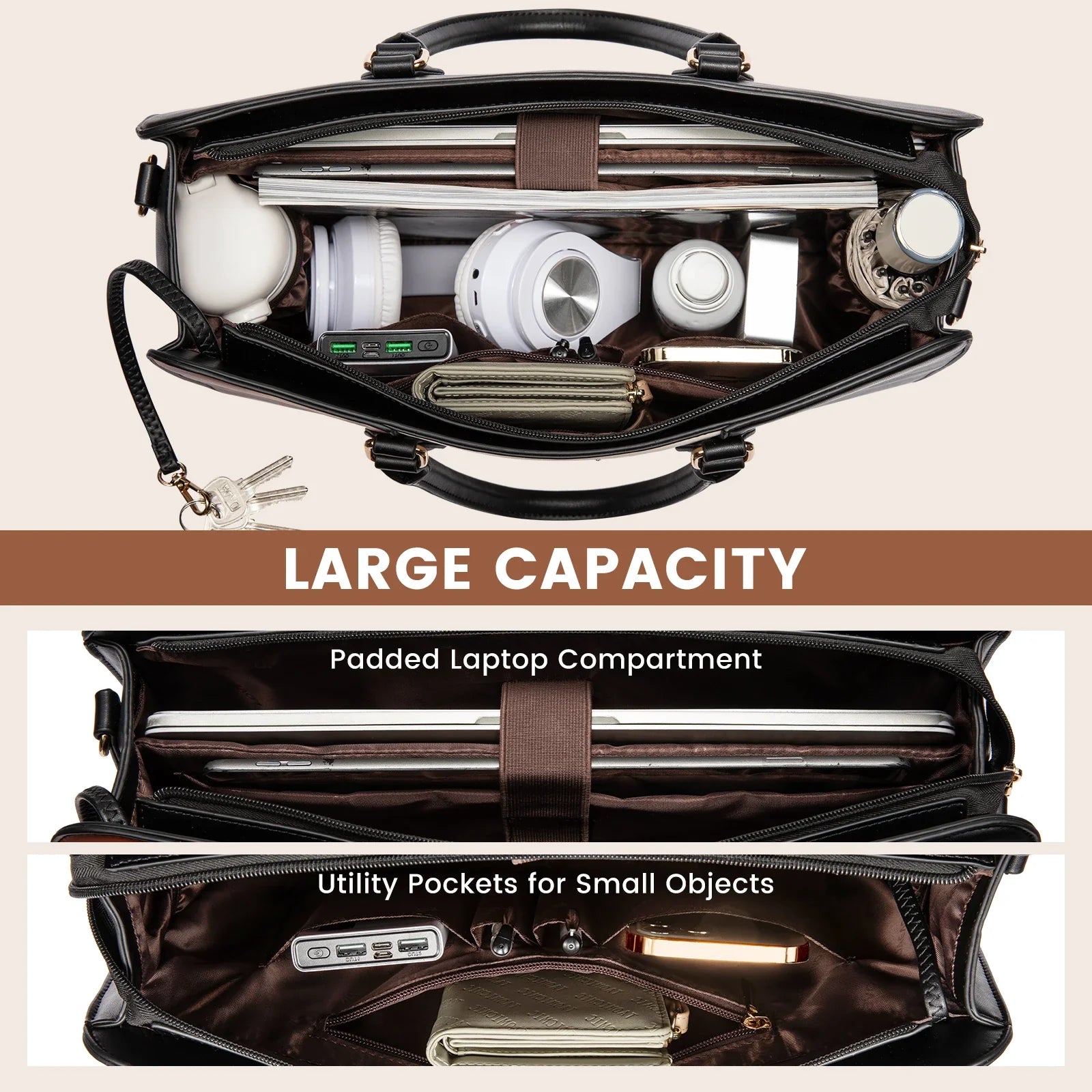 HKM-721235 Elegant Waterproof Laptop Tote Bag for Women, 15.6 Inch Leather Work Briefcase with Spacious Storage