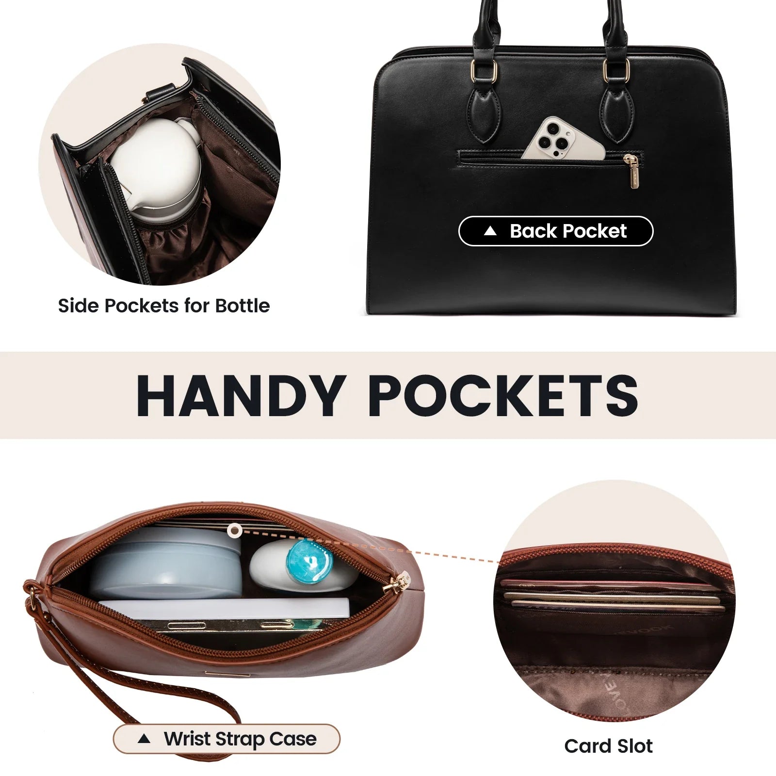 HKM-721235 Elegant Waterproof Laptop Tote Bag for Women, 15.6 Inch Leather Work Briefcase with Spacious Storage