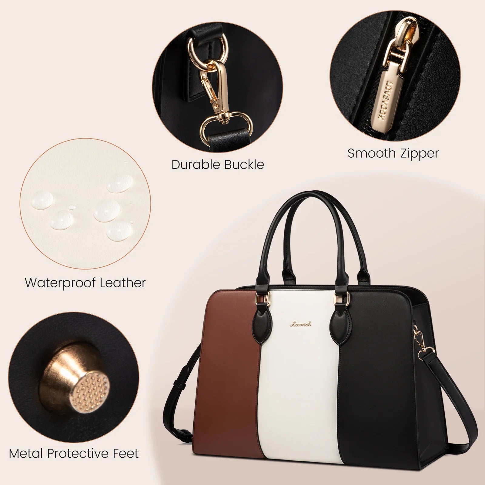 HKM-721235 Elegant Waterproof Laptop Tote Bag for Women, 15.6 Inch Leather Work Briefcase with Spacious Storage