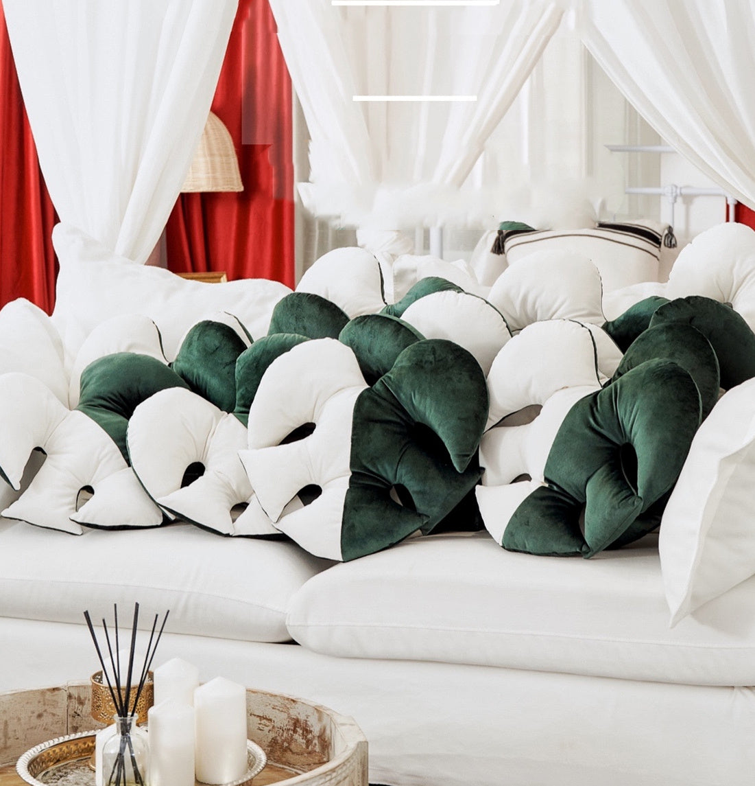 HKM-722067 White Brocade Monstera Lumbar Pillow - Modern Alien Shape Cushion with PP Cotton Filling, 35x38 cm