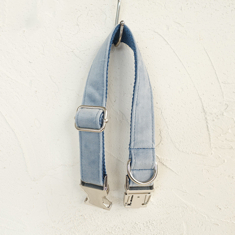 HKM-7225277 Sky Blue Thick Velvet Pet Collar - Durable Polyester Material for Comfort and Style