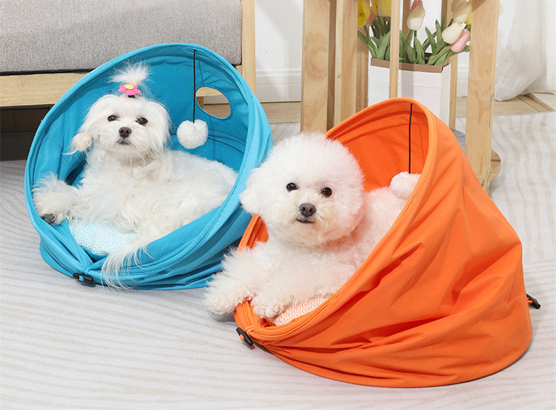 HKM-7229501 Medium Oxford Cloth Cylinder Pet Nest for Cats and Dogs - Cozy PP Cotton Cushion, Orange/Blue