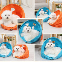 HKM-7229501 Medium Oxford Cloth Cylinder Pet Nest for Cats and Dogs - Cozy PP Cotton Cushion, Orange/Blue