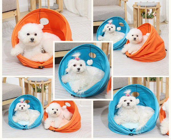 HKM-7229501 Medium Oxford Cloth Cylinder Pet Nest for Cats and Dogs - Cozy PP Cotton Cushion, Orange/Blue