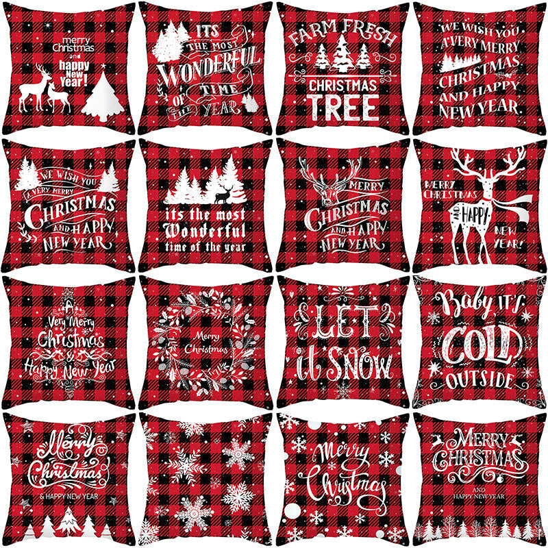 HKM-722963 Red Plaid Christmas Pillow Cover, Peach Skin Fabric, Modern 45x45cm Cushion Cover