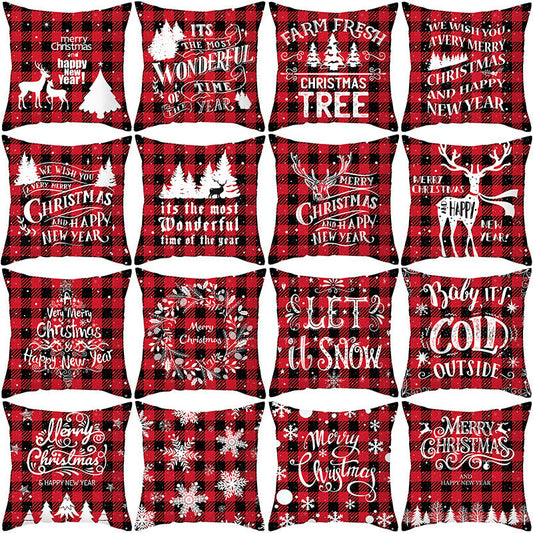 HKM-722963 Red Plaid Christmas Pillow Cover, Peach Skin Fabric, Modern 45x45cm Cushion Cover
