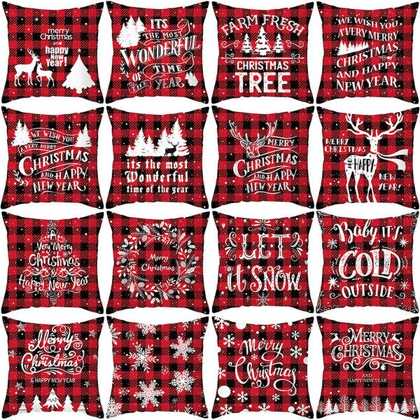HKM-722963 Red Plaid Christmas Pillow Cover, Peach Skin Fabric, Modern 45x45cm Cushion Cover