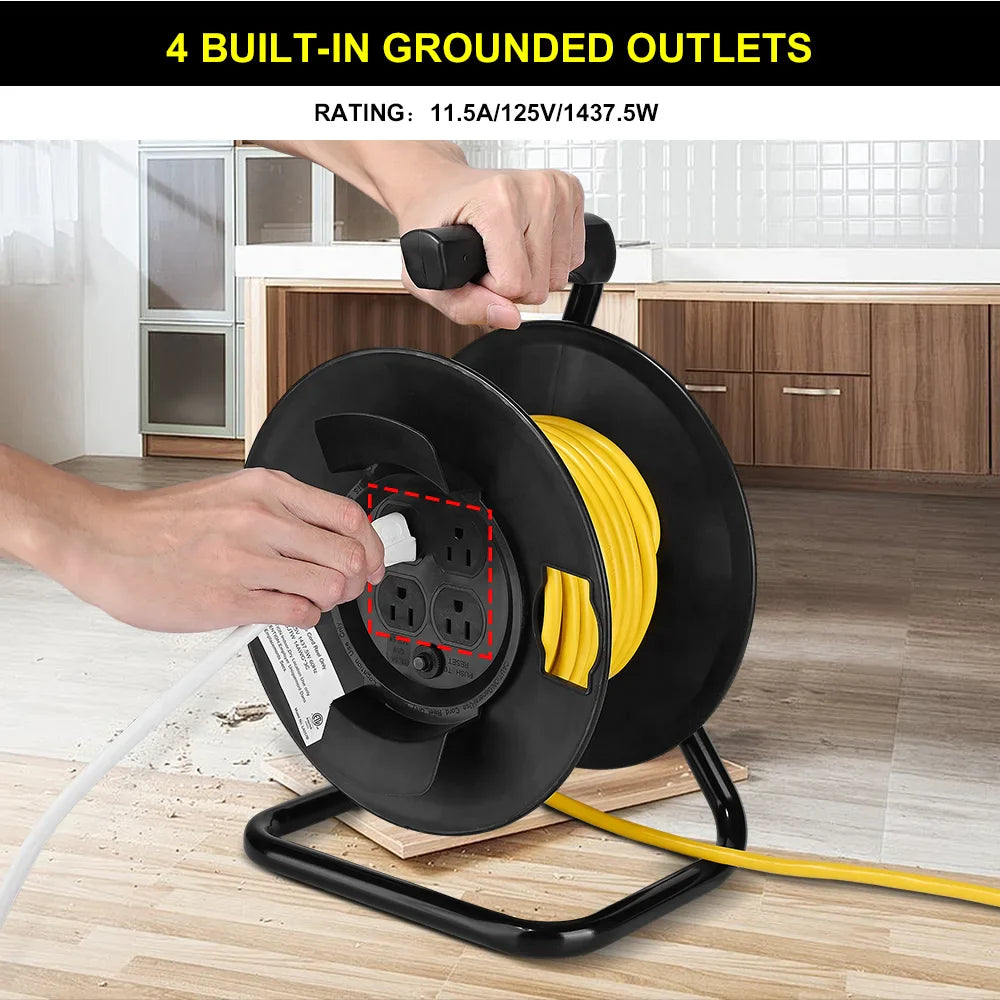 HKM-723027 Heavy Duty 25ft Extension Cord Reel with 4 Outlets and Circuit Breaker, 14/3 AWG SJTW