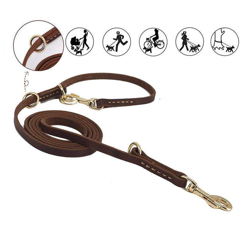 HKM-7231037 Dual Copper Hook Leather Dog Leash - 2.3M Length, Casual Style, Brown