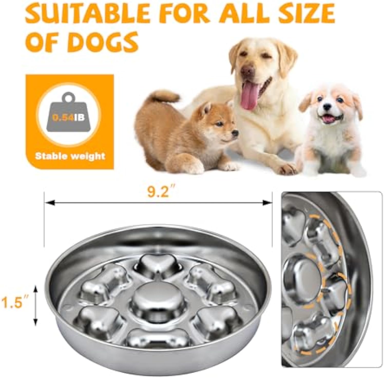 HKM-7232701 Non-Slip Stainless Steel Slow Feeder Dog Bowl with Heart and Bones Design for Small to Large Breeds