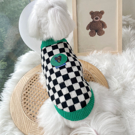HKM-7235773 Checkered Black and White Sweater for Pets with Green Collar, Polyester Material, Multiple Sizes Available