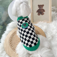 HKM-7235773 Checkered Black and White Sweater for Pets with Green Collar, Polyester Material, Multiple Sizes Available
