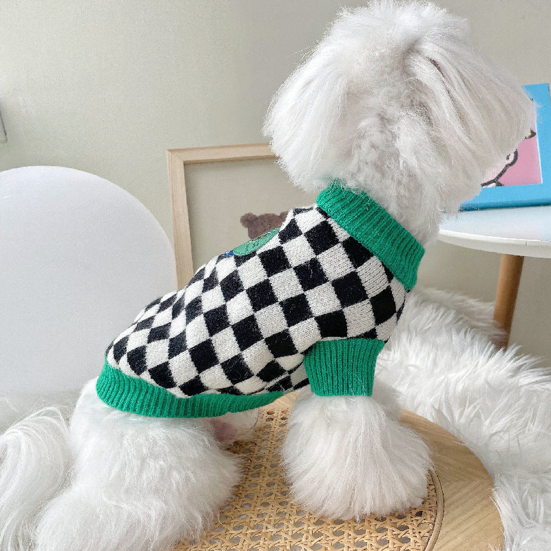 HKM-7235773 Checkered Black and White Sweater for Pets with Green Collar, Polyester Material, Multiple Sizes Available